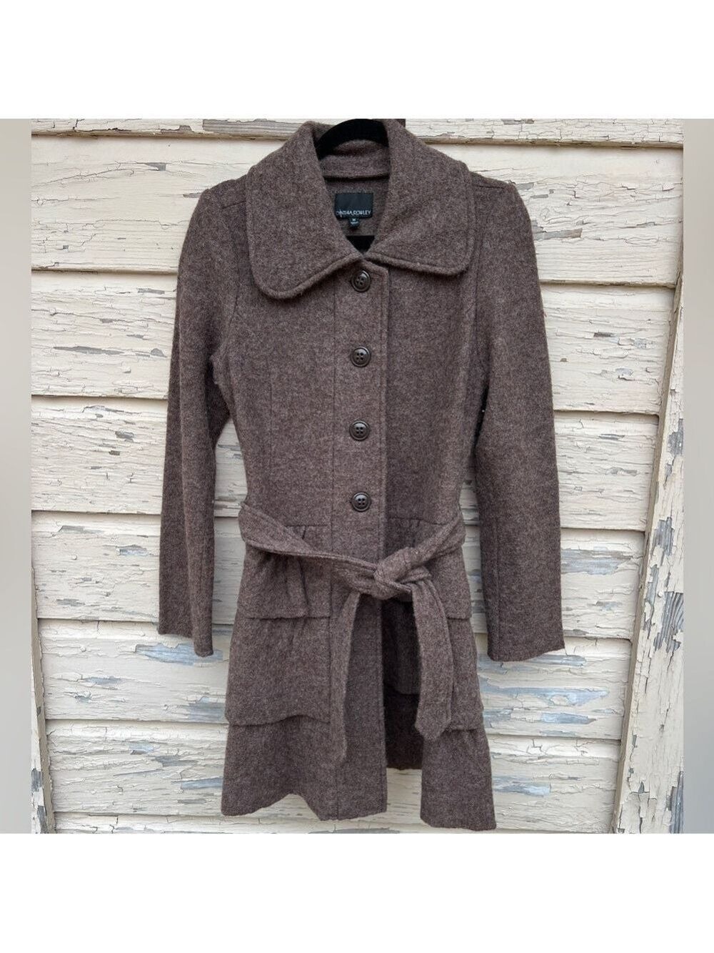Cynthia Rowley 100% Wool Brown Ruffled Tiered Cardigan Sweater Pea Coat